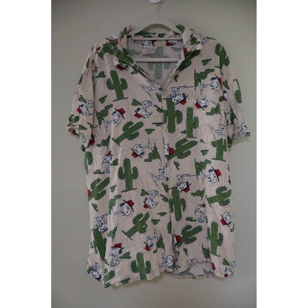Western Desert Peanuts Button Down Shirt XL Cream Snoopy Cactus Camp Shirt
